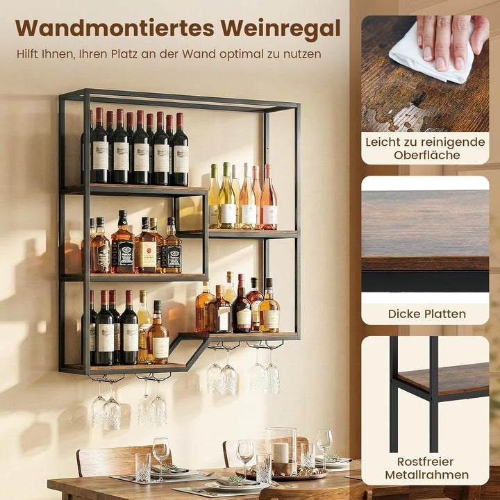 COSTWAY Weinregal Wand, Bar Regal mit 6 Regalböden &amp; 4 Glashalter, Flashenregal Metall, Weinflaschen