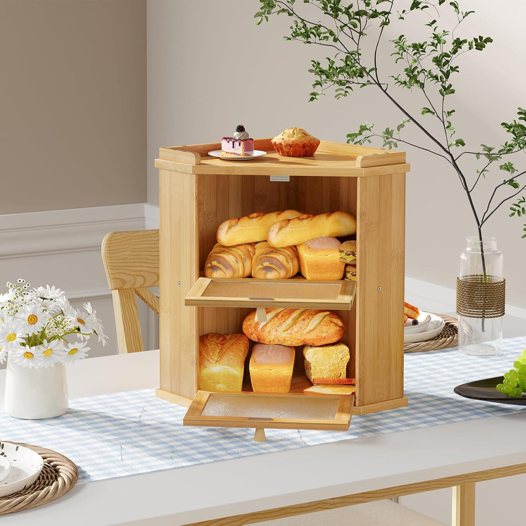 HOOBRO Brotkasten Bambus, 2-lagige Brotkorb mit Oberem Fach, Brotbox, Brotaufbewahrung für Brötchen