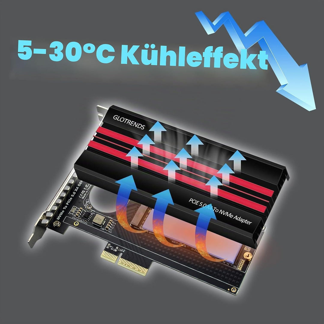 GLOTRENDS PA19 M.2 NVMe auf PCIe 5.0 X4 Adapter für M.2 NVMe SSD, grosse Aluminium-Kühlkörperabdecku