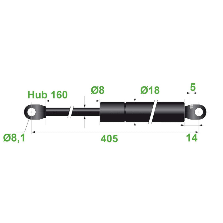 Trupa Gasdruckfeder 8/18 8,1 mm Hub=160 mm L=405 mm 150N (150N entspricht ca. 15kg) Schwarz 0095