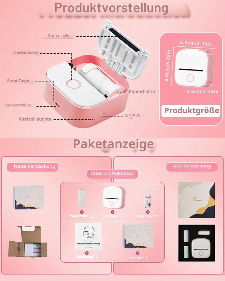Memoking T02 MiniDrucker Aufkleber Drucker Tragbarer Thermodrucker Mini Rosa, Rosa