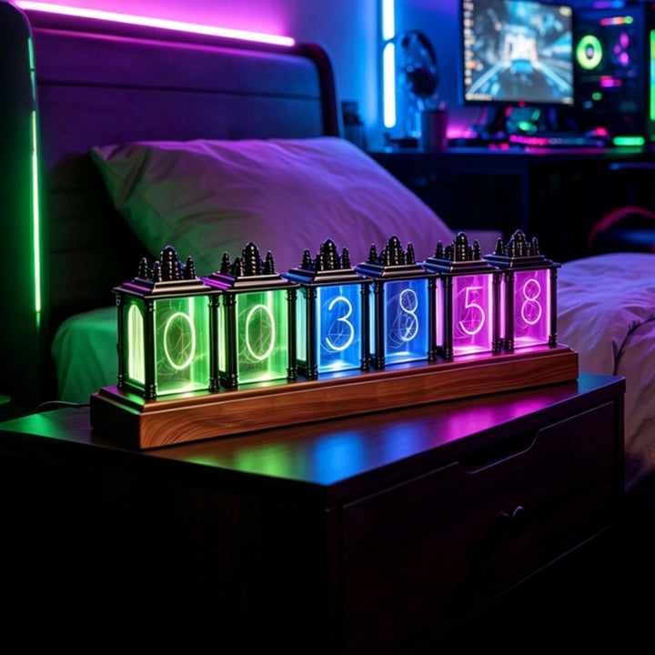 Nixie Tube Clock, RGB LED Röhrenuhr, LED Nixie Uhr, 12/24-Stunden-Anzeige, einstellbare Helligkeit u