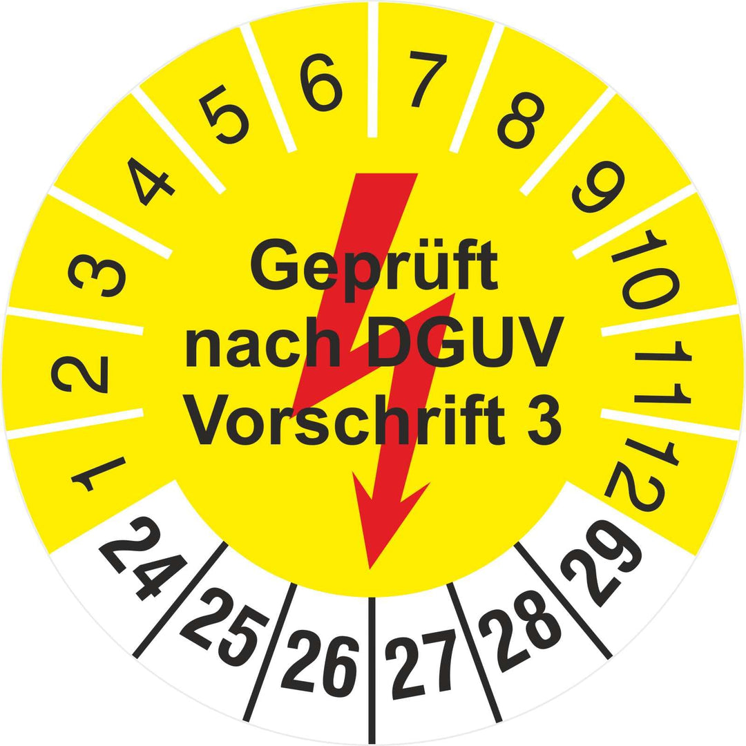 1000 Prüfetiketten 30 mm Geprüft nach DGUV Vorschrift 3 gelb mit Blitz 2024-2029 Prüfplaketten 1000