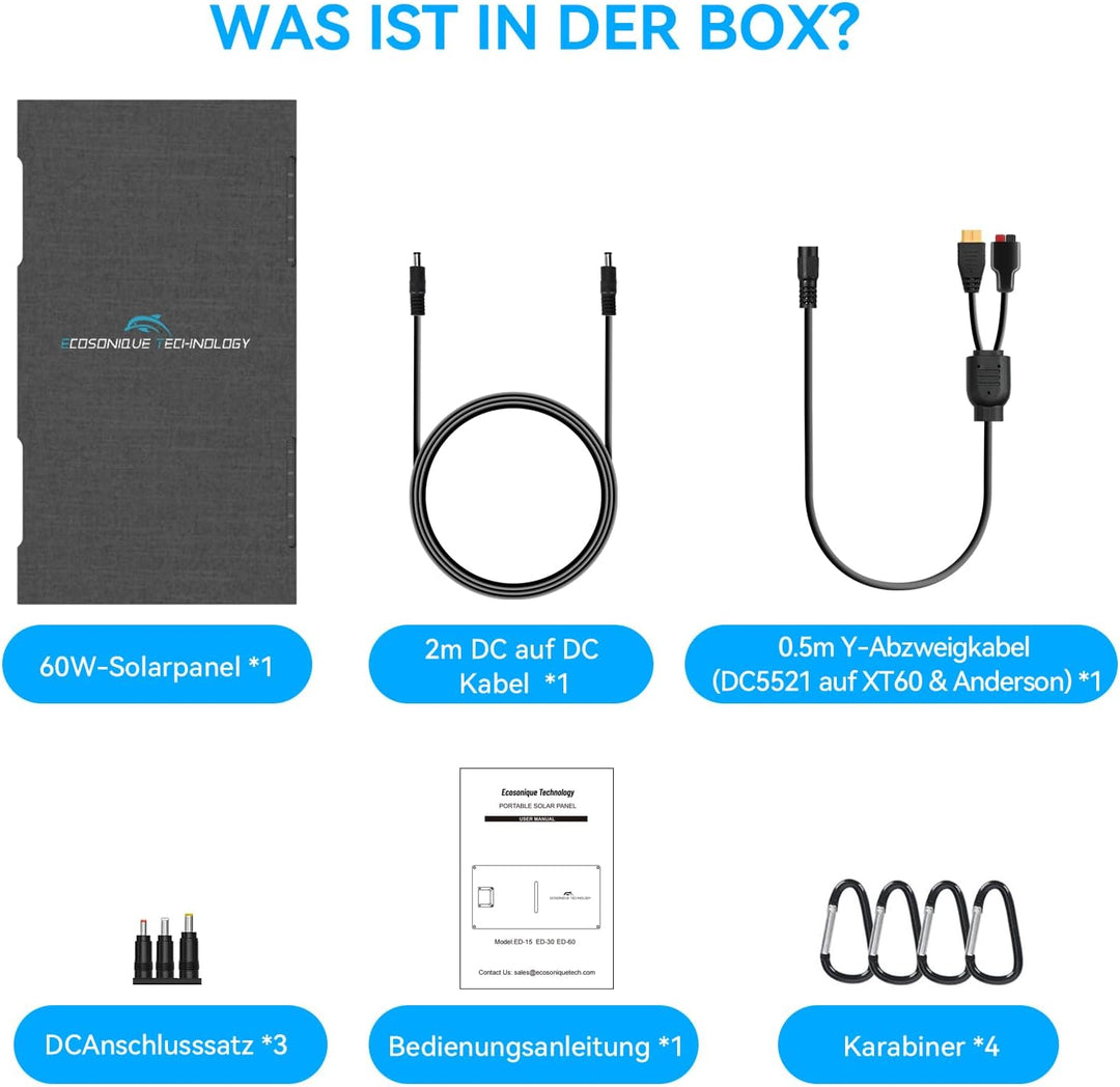 Ecosonique 60W Tragbares Faltbares Solarpanel mit ETFE 23% Wirkungsgrad, USB-C PD3.0 &amp; USB-A QC3.0 S