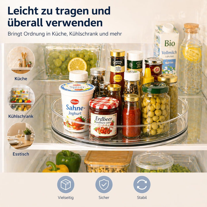 Kühlschrank Organizer Drehteller 2er Set, 360° drehbarer Lazy Susan Küchen Organizer transparent, 23
