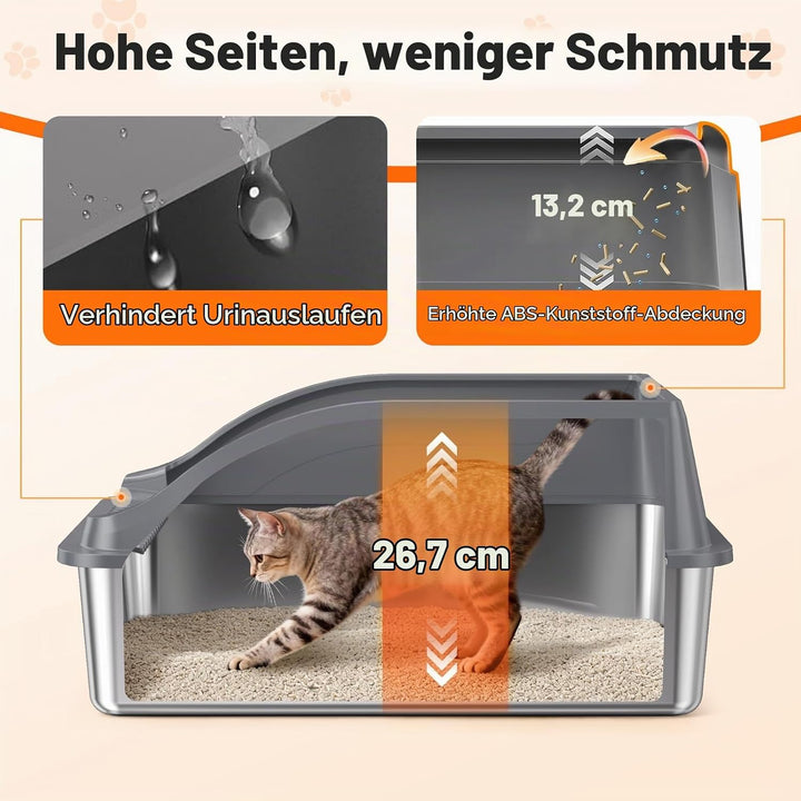 Edelstahl Katzentoilette XL, Schrägwand, Kratzfest, geruchsfrei | Porenfrei–keine Gerüche,Luftzirkul