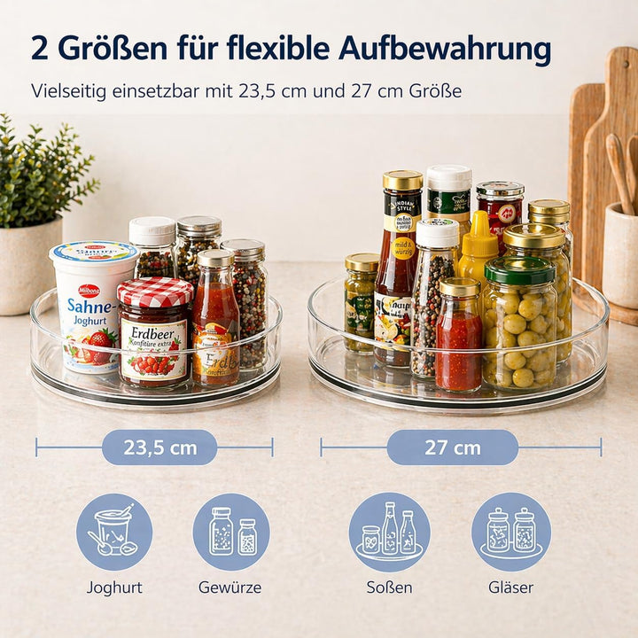 Kühlschrank Organizer Drehteller 2er Set, 360° drehbarer Lazy Susan Küchen Organizer transparent, 23