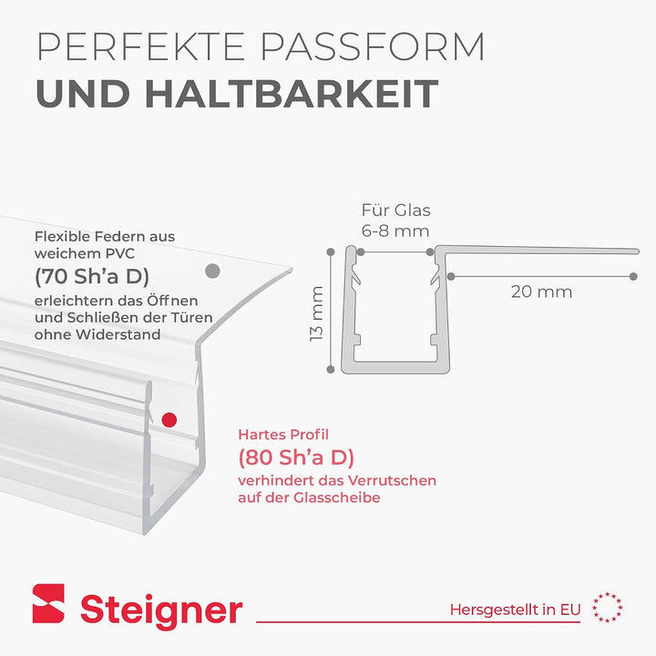 STEIGNER Duschdichtung, 120cm, Glasstärke 6/7/ 8 mm, Gerade PVC Ersatzdichtung für Dusche, UK11 Stär