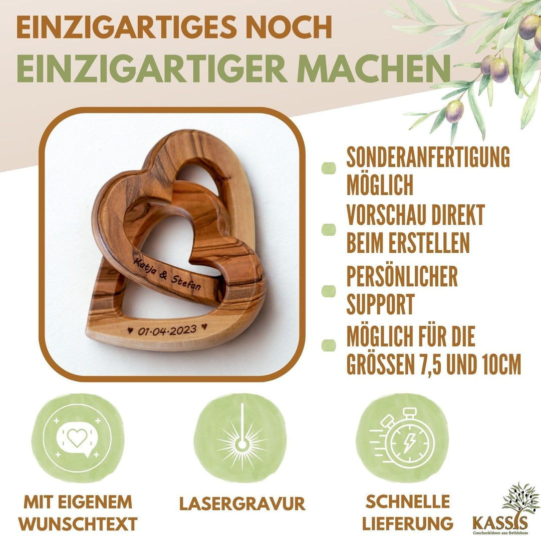 Kassis Geschenkartikel Personalisierte Olivenholz-Herzen für Brautpaar, zum Valentinstag, Jubiläum,