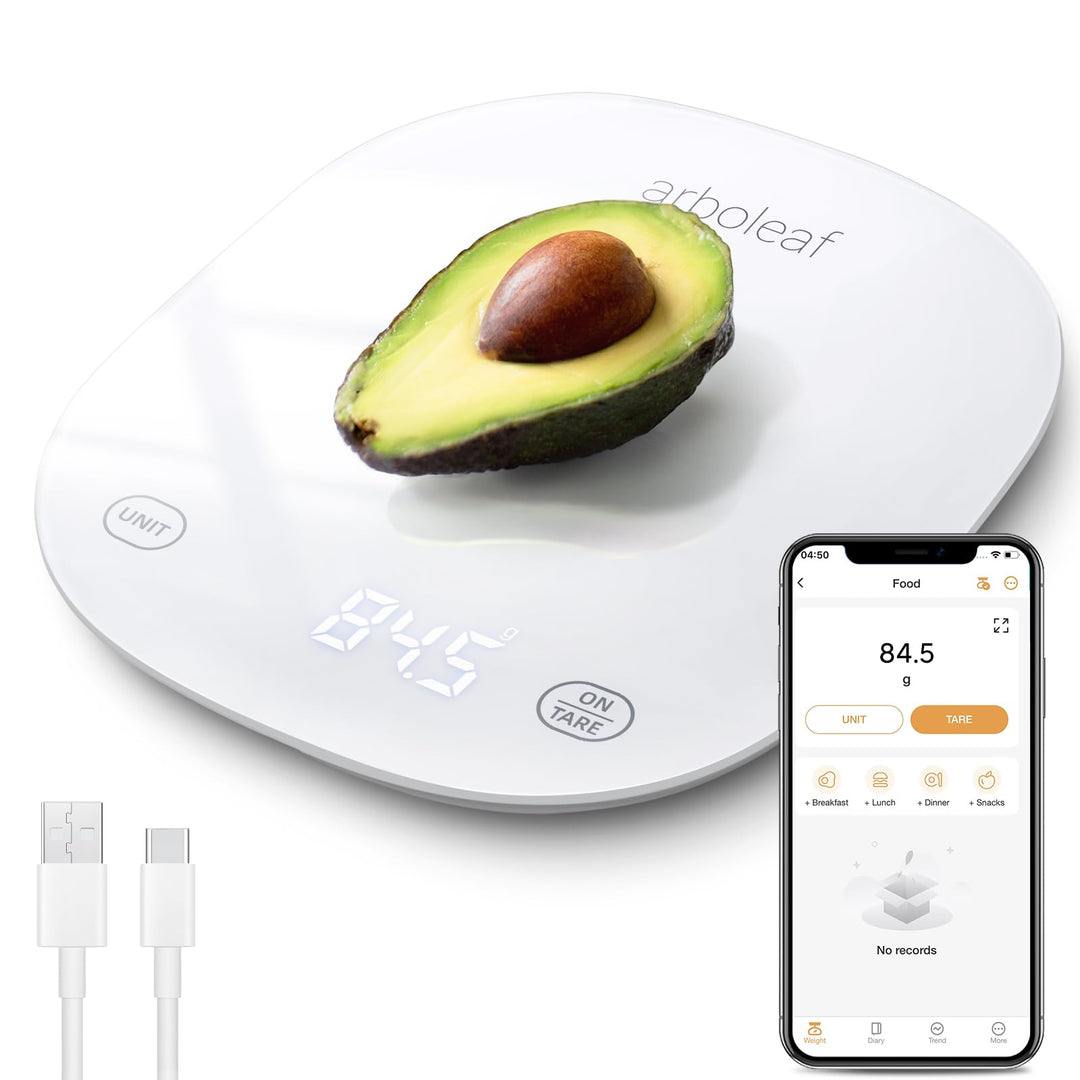 arboleaf Küchenwaage digital mit app 10kg/0,5g, Kalorien Waage USB aufladbar Lebensmittelwaage mit K