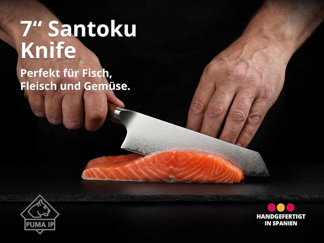 PUMA IP – 7" Santoku Messer - 198mm Klinge mit Glattschliff - 67-Lagen Damast mit japanischem V-Gold