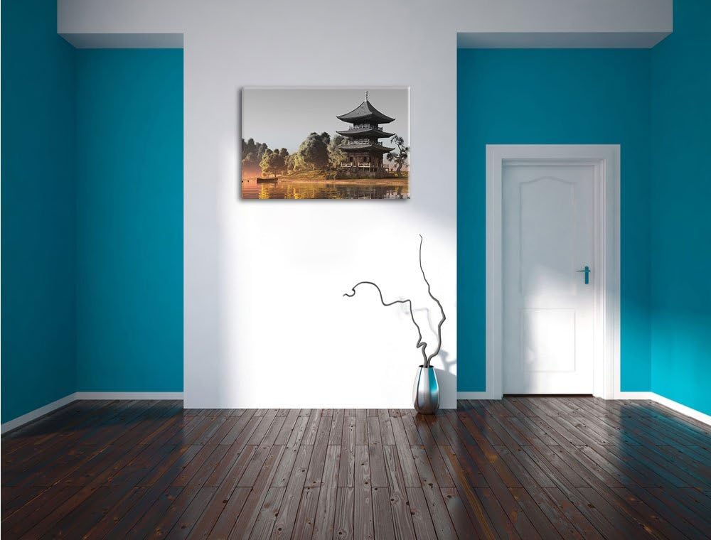 Pixxprint asiatischer Tempel an See als Leinwandbild/Grösse: 100x70 cm/Wandbild/Kunstdruck/fertig be