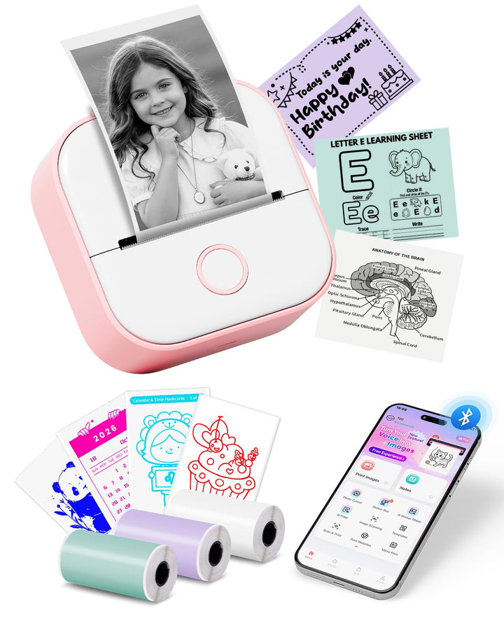 Memoking Mini Drucker, T02 Mini Aufkleberdrucker Teenager Mädchen Geschenke Rosa 1 Drucker + 3 Rolle