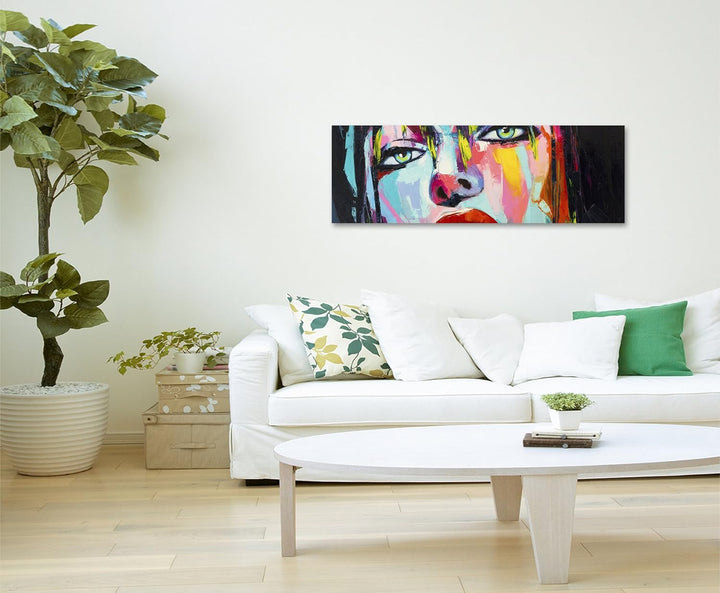 Paul Sinus Art Panorama Fotoleinwand 120x40cm Farbenfrohes Portrait Einer Frau mit grünen Augen auf