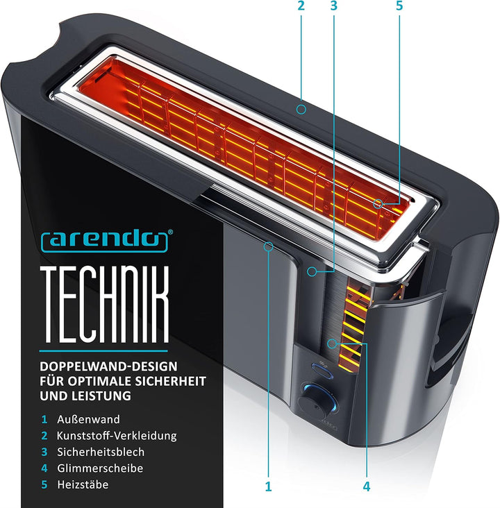Arendo - Toaster Langschlitz - 2 Scheiben - Defrost Funktion - Wärmeisolierendes Doppelwandgehäuse -