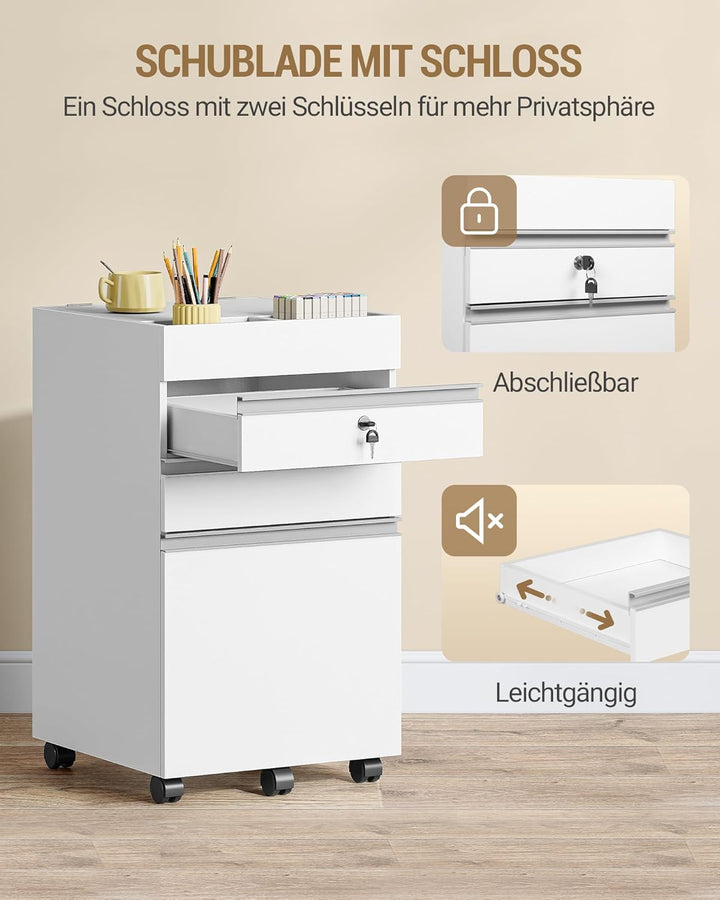 Hzuaneri Rollcontainer, Aktenschrank, abschliessbarer Büroschrank mit 3 Schubladen, zusätzlichem Sta