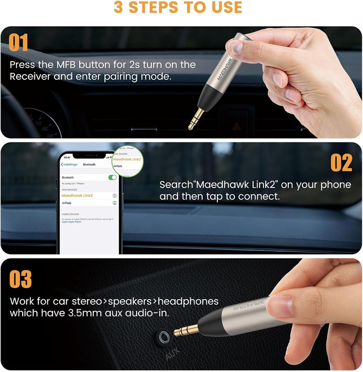 MaedHawk Aux Bluetooth Adapter Auto, BT5.0 Audio Empfänger/Receiver, 3,5 mm Aux in Car Kit(Freisprec