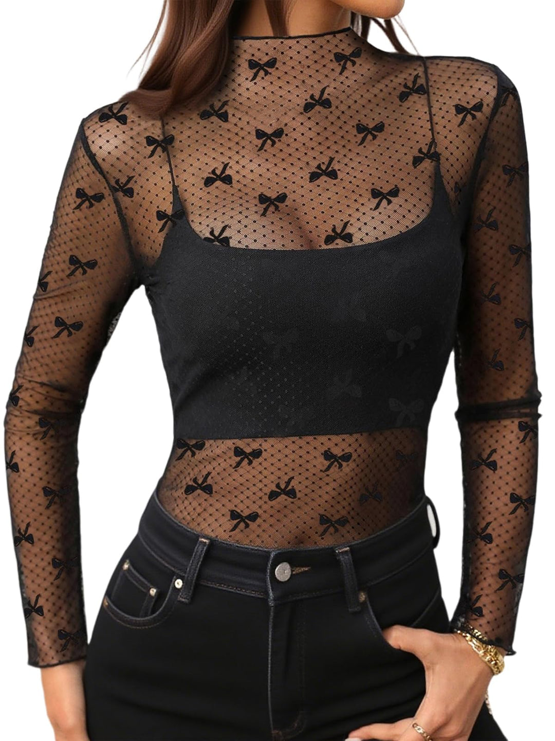 MAYFASEY Damen Sexy Body Langarm Hemden Transparentes Mesh Durchsichtiger Bodys Shirt Tops B-Schwarz