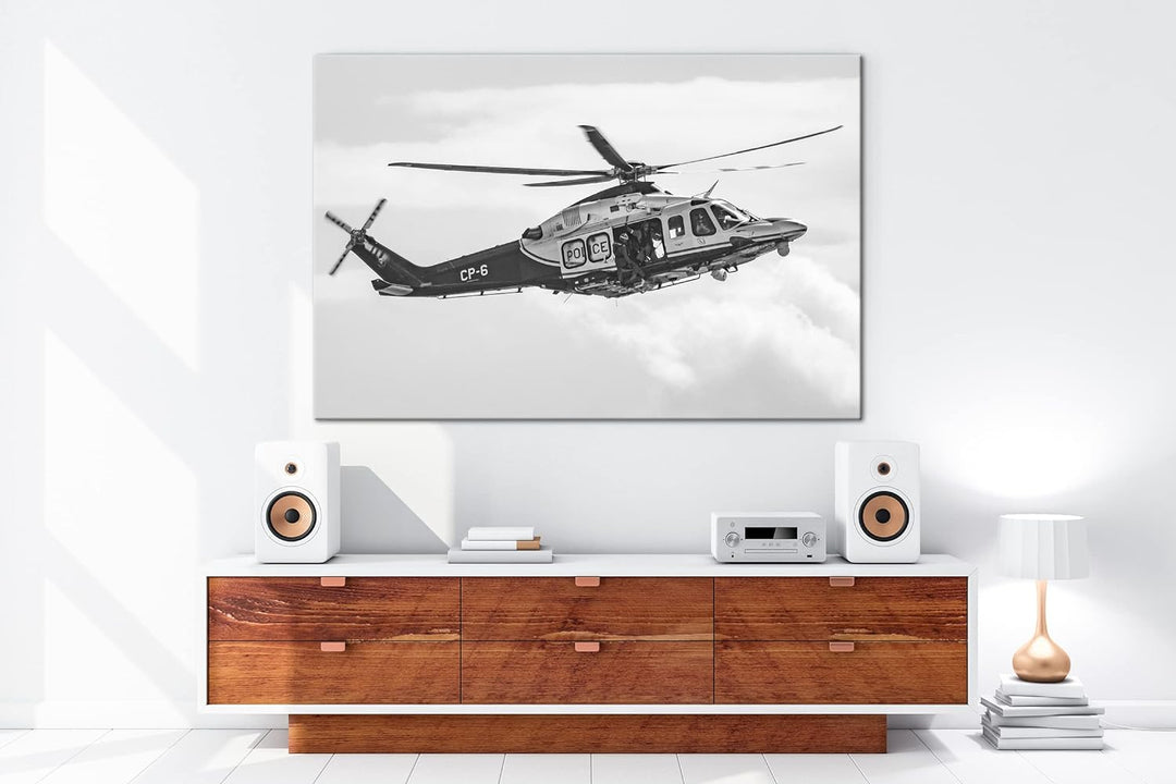 deyoli Helikopter im Einsatz Effekt: Schwarz&amp;Weiss Format: 80x60 als Leinwandbild, Motiv fertig gera