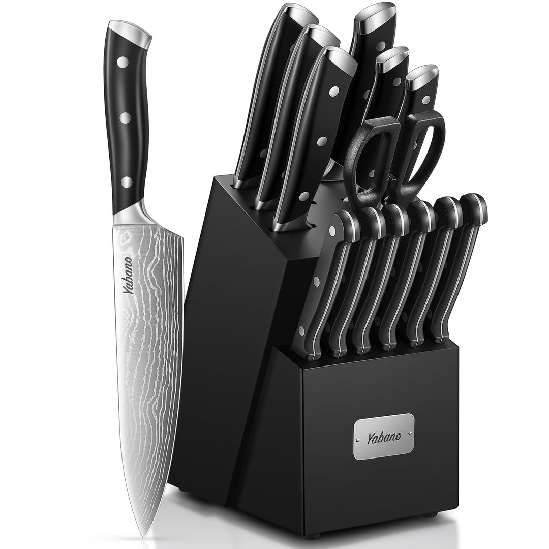 Yabano Messerblock Set, 14-teilig Küchenmesserset Edelstahl, Messer Set mit Holzblock und integriert