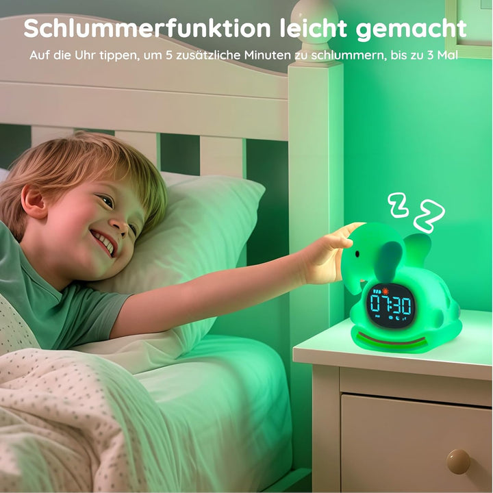 Yiliaw Grüner Elefant Kinderwecker mit Nachtlicht – Schlaftrainer &amp; Aufwachuhr, wiederaufladbare Sil