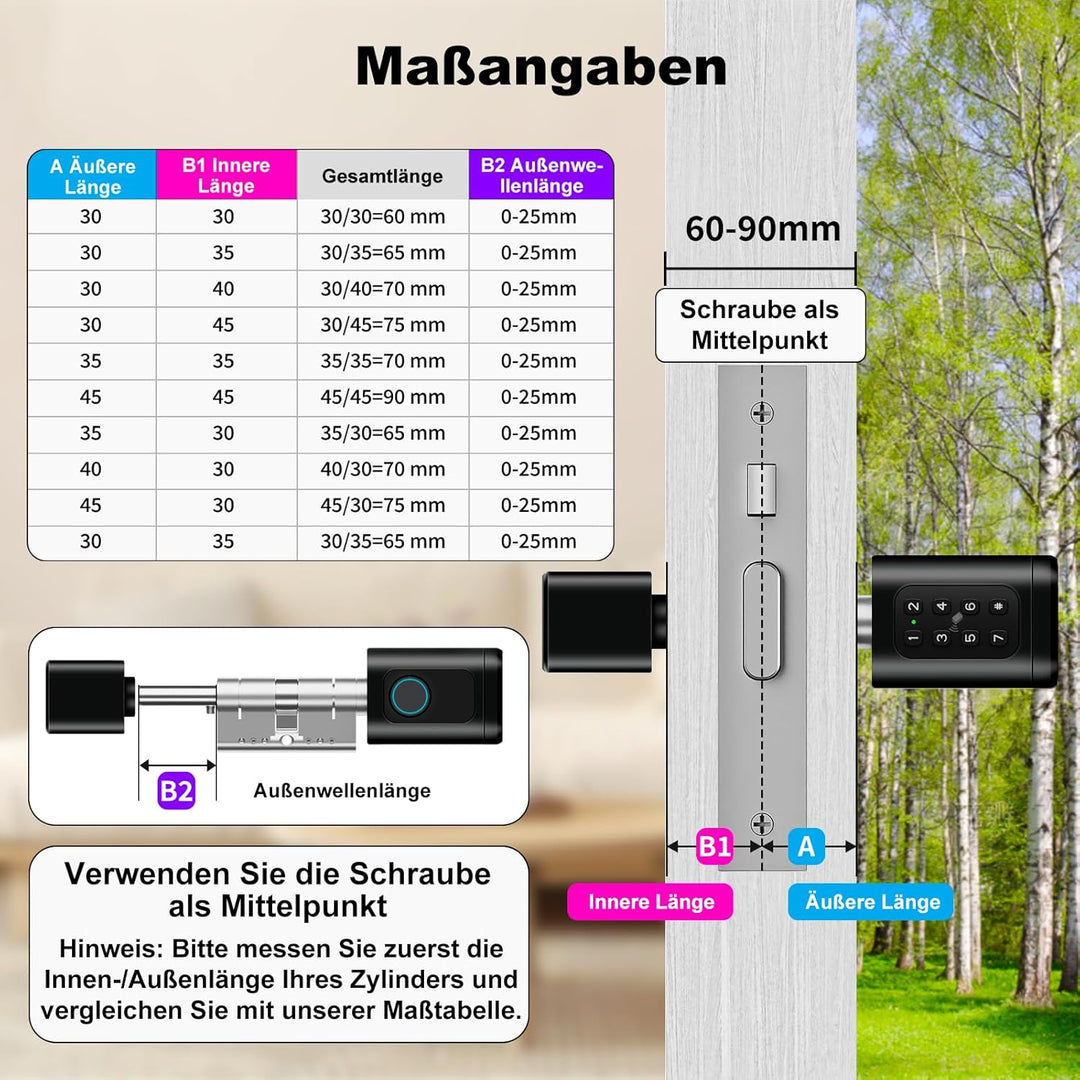 Türschloss Fingerabdruck, Verstellbares Elektronisches Türschloss 60-90mm (30/30, 45/45), Smart Lock