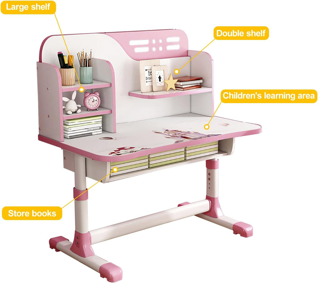 Reheyre Schreibtisch- und Stuhl-Set für Kinder, rosa Schreibtisch-Set mit verstellbarer Höhe, Schubl