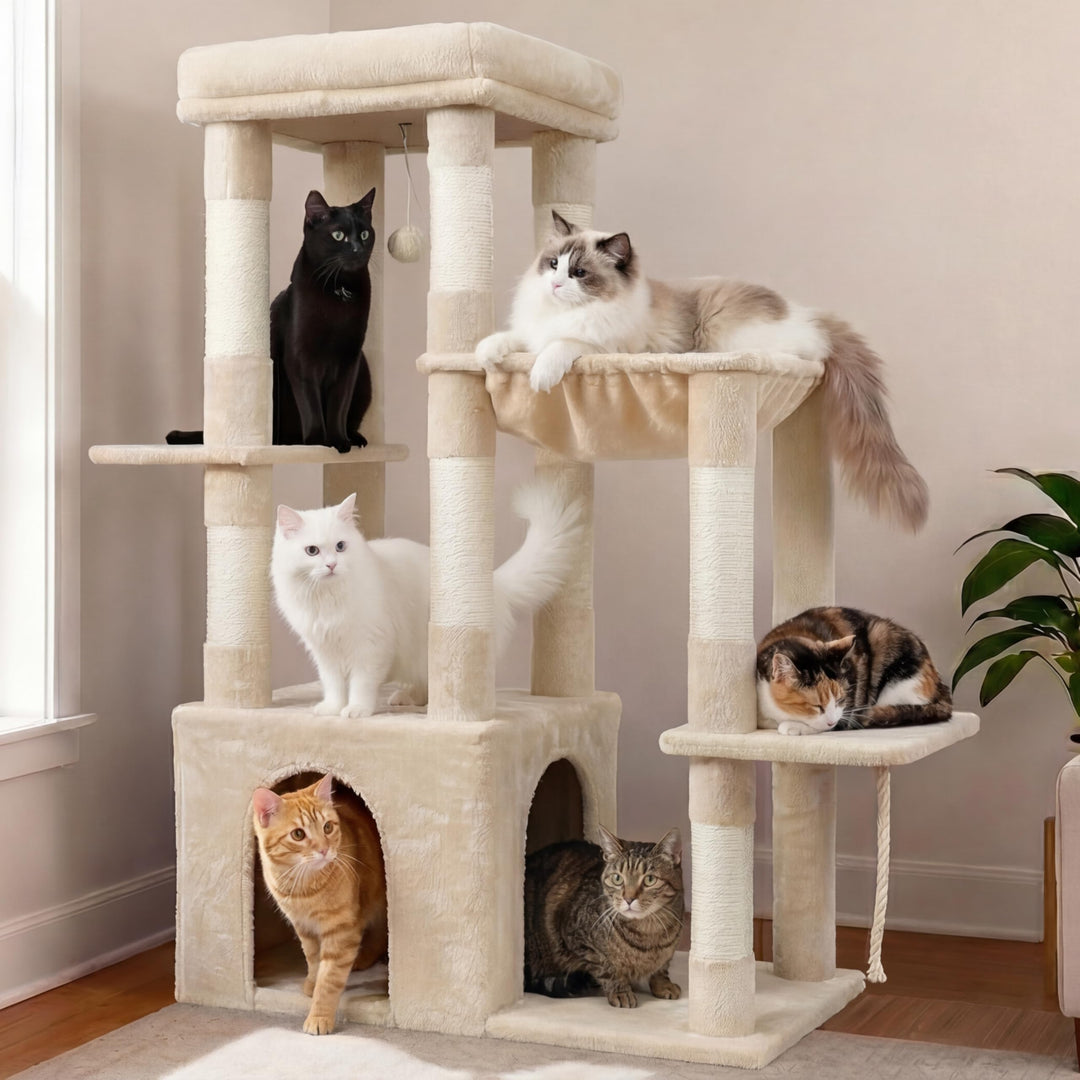 Heybly Kratzbaum 120cm - Grosser Katzenbaum für Erwachsene Katzen mit XL-Basis, Katzenwohnung mit Me