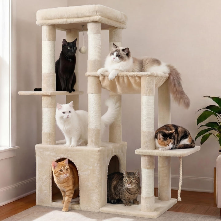 Heybly Kratzbaum 120cm - Grosser Katzenbaum für Erwachsene Katzen mit XL-Basis, Katzenwohnung mit Me