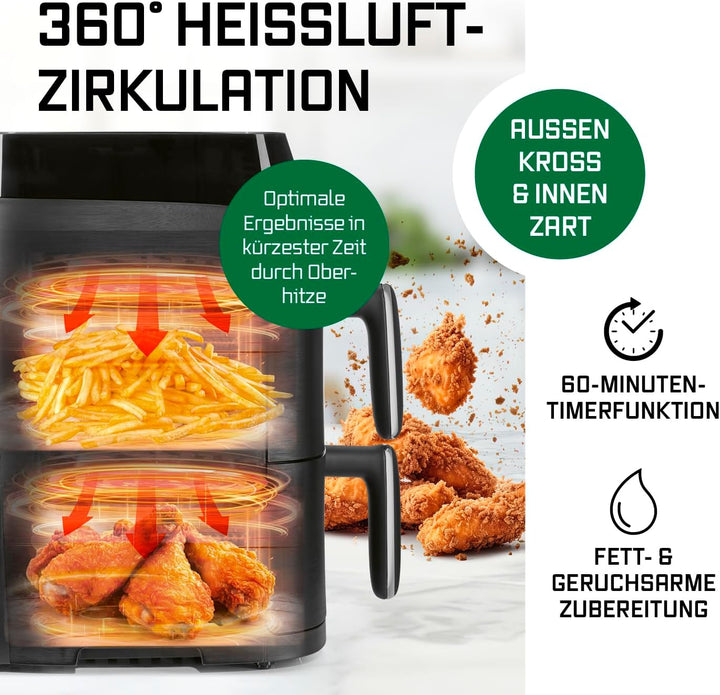 GOURMETmaxx FryUp Vertikale Doppelkammer Heissluftfritteuse XS | Airfryer mit MultiColour-LED-Touchd