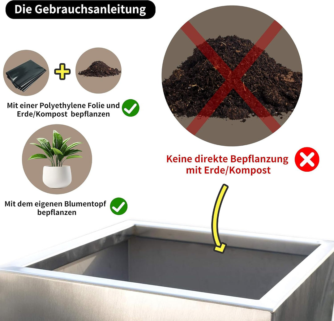 Köhko® Designer-Pflanzkübel aus Edelstahl Viva 27 x 27 x 67 cm | matt gebürsteter Blumengefäss eckig