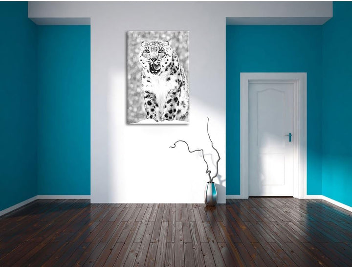Pixxprint Leopard im Schnee Kunst B&amp;W / 100x70cm Leinwandbild bespannt auf Holzrahmen/Wandbild Kunst