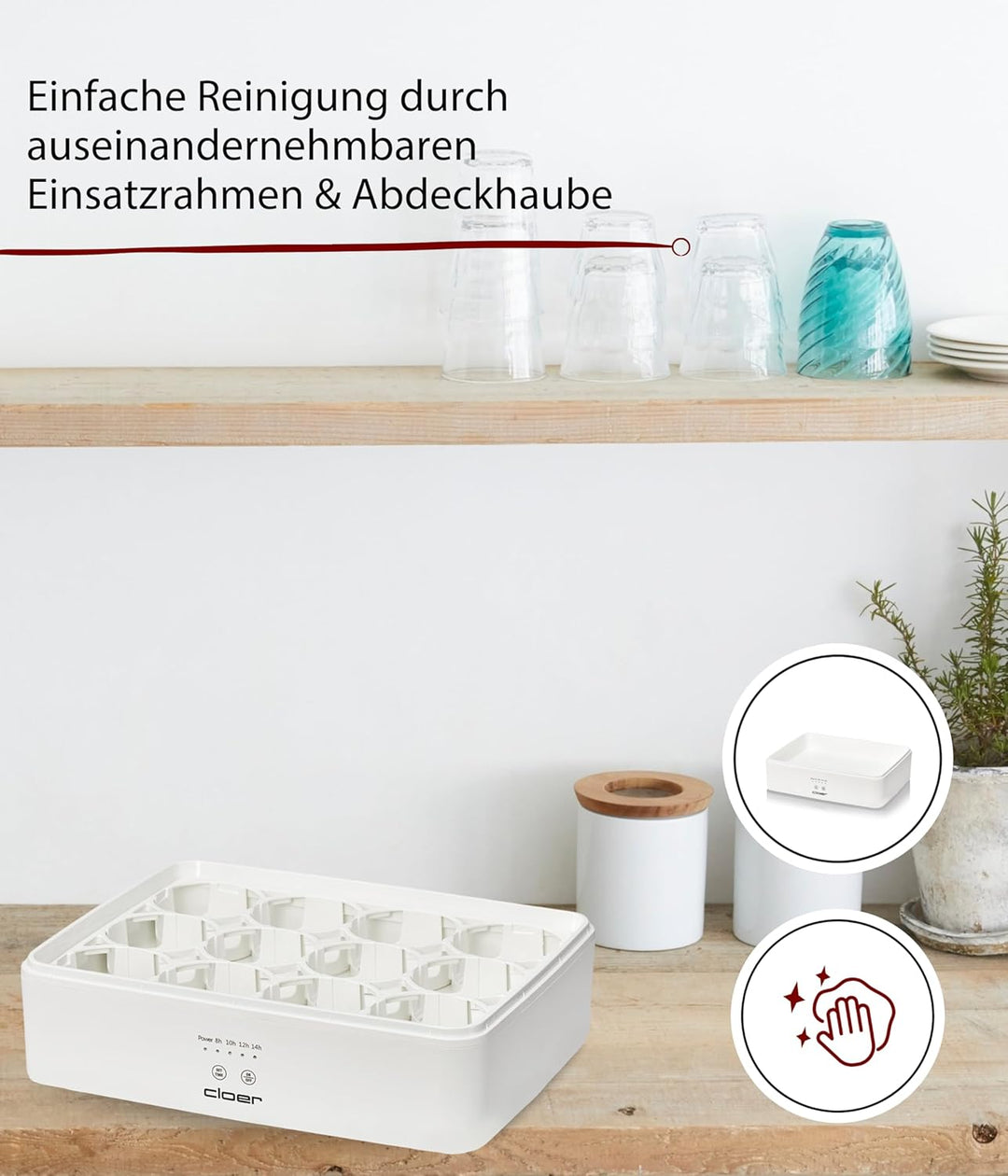 Cloer 9921 Joghurtbereiter für 12 Gläser, je 150 ml Fassungsvermögen, für Joghurt und Fermentkulture