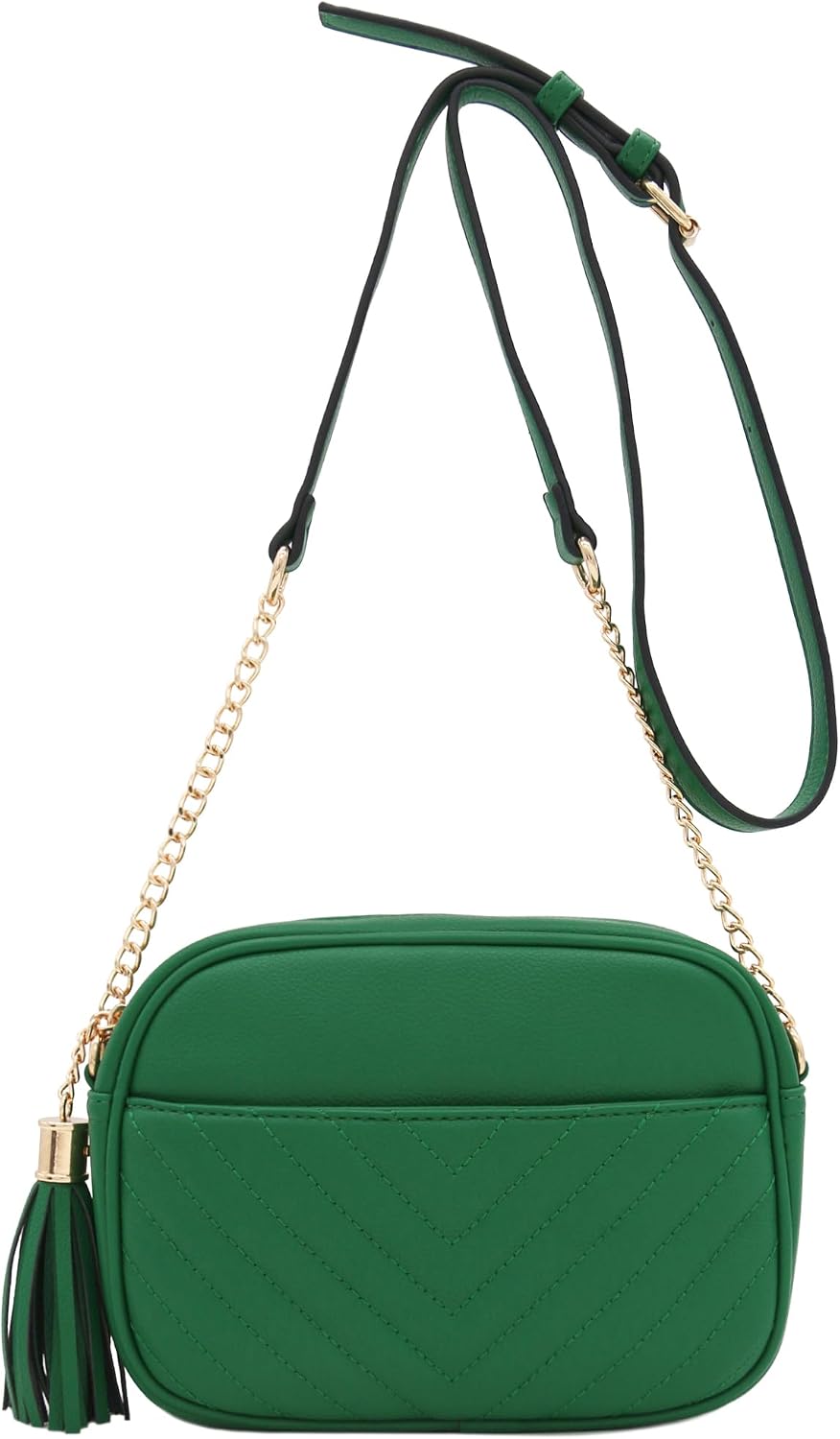 FashionPuzzle Chevron gesteppte Crossbody-Kameratasche mit Kettenriemen und Quaste Kelly, Grün, Kell