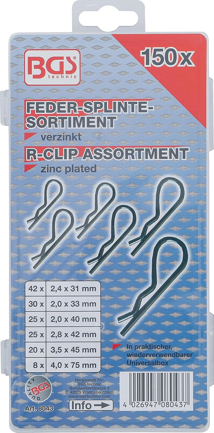 BGS 8087 | Klappsplinte-Sortiment | 50-tlg. | Klappstecker | verzinkt | 4,5 - 6 - 8 - 11 mm &amp; BGS 80