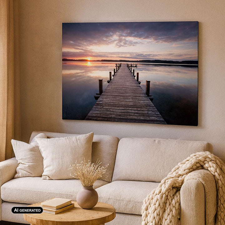 Bilder auf Leinwand 100x70cm Leinwandbild Fussgängerbrücke See Sonnenuntergang Abend Gross Wanddeko