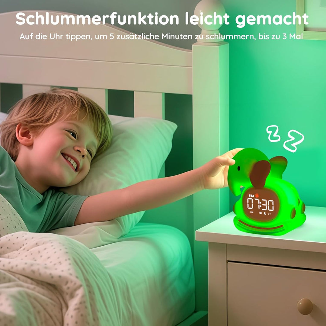 Yiliaw Rosa Elefant Kinderwecker mit Nachtlicht – Schlaftrainer &amp; Aufwachuhr, wiederaufladbare Silik