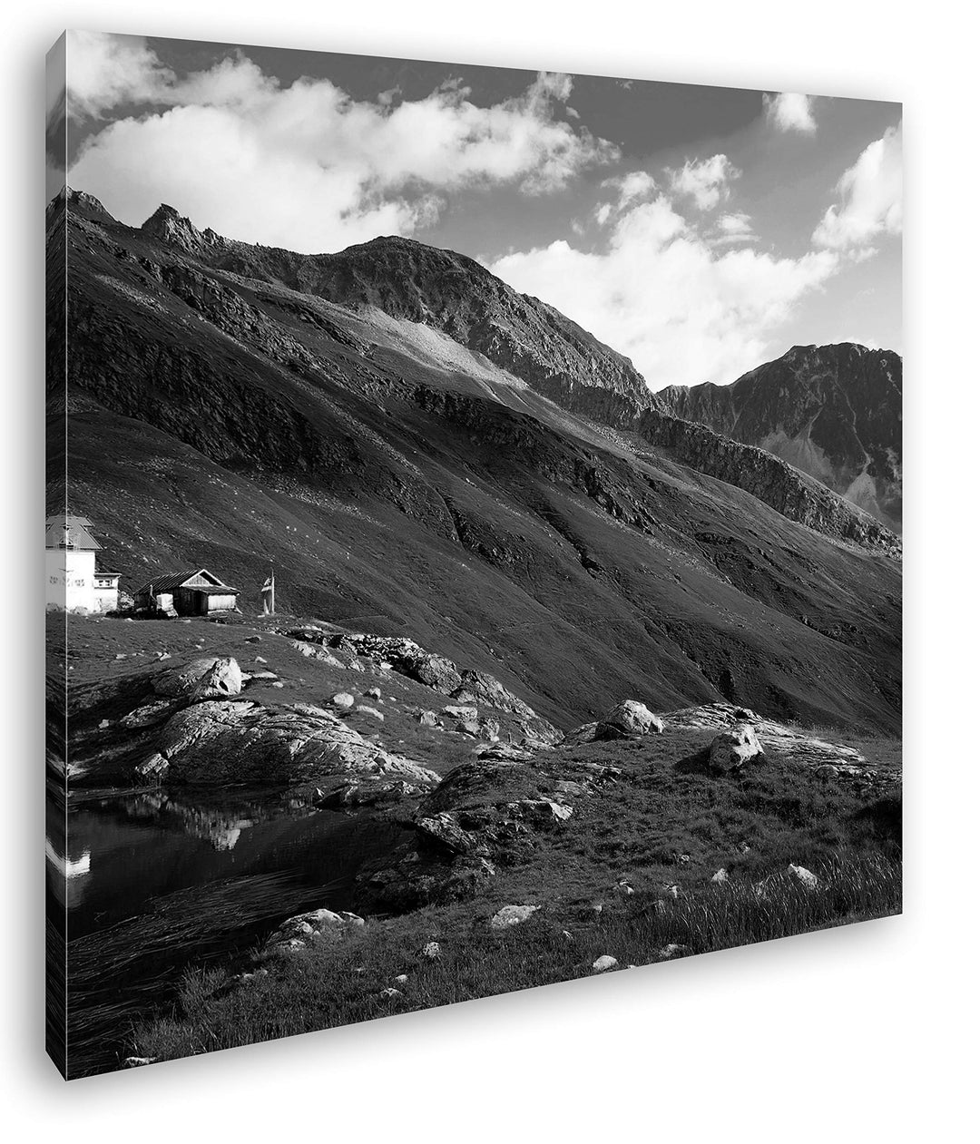 deyoli einsame Berghütte Format: 70x70 Effekt: Schwarz&amp;Weiss als Leinwandbild, Motiv fertig gerahmt