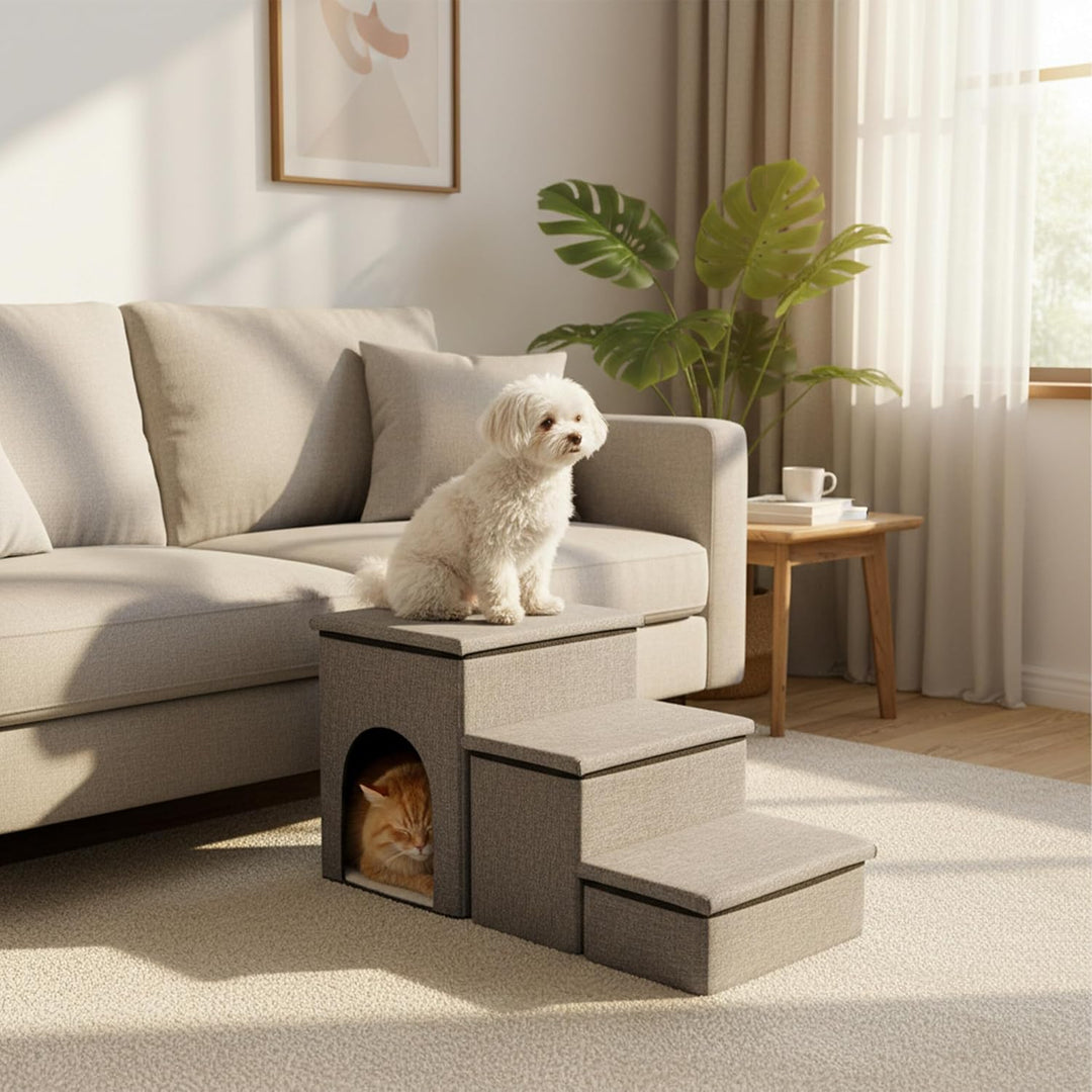 Relaxdays Hundetreppe, 3 Stufen, Höhle &amp; Stauraum, HxBxT: 43 x 75 x 33 cm, faltbar, Hunderampe Bett