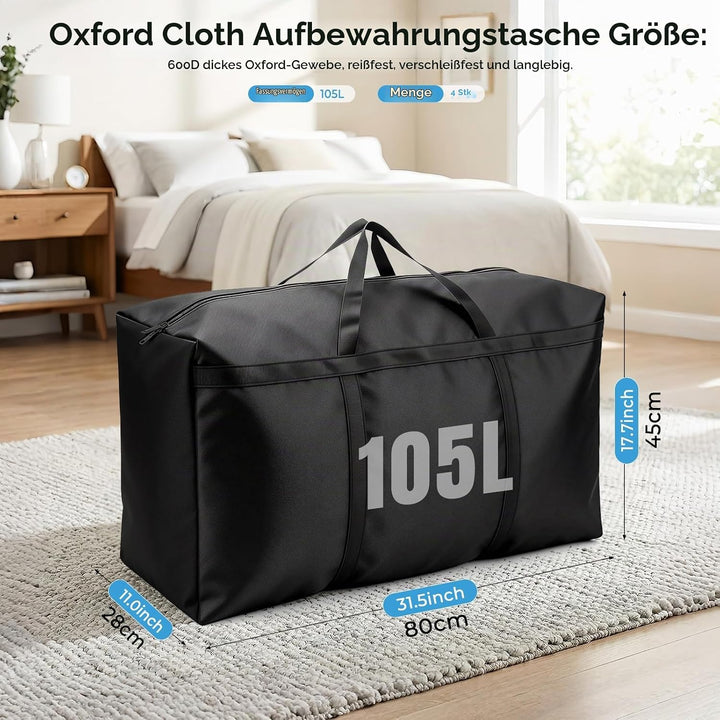 4 Stück Aufbewahrungstasche 105L, 600D Oxford Heavy-Duty Umzugstaschen mit Reissverschlüssen Handgri