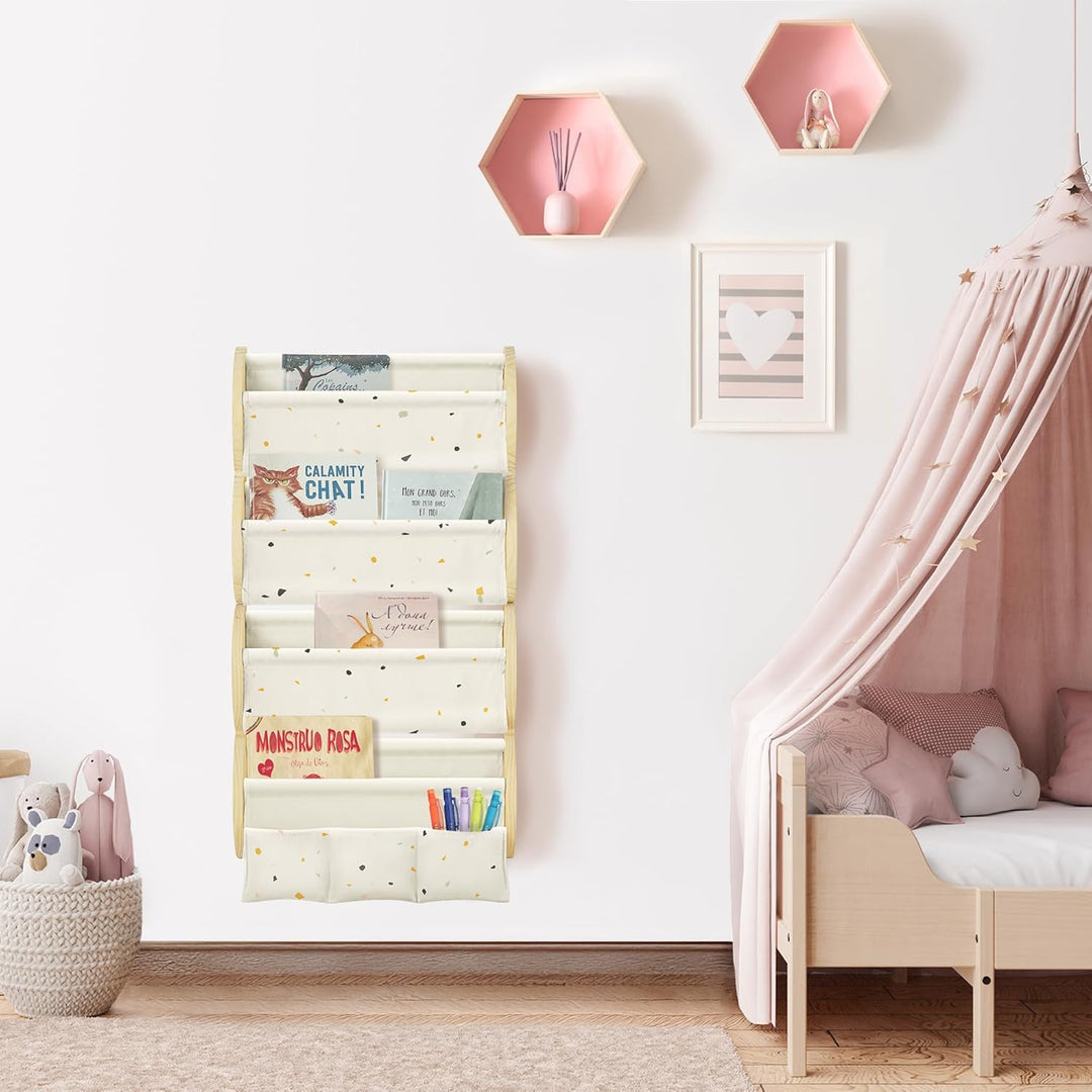 Bücherregal Kinder Wand Kinderbücherregal Montessori mit 4 Ablagen &amp; 3 Taschen Kinderregal Wandregal