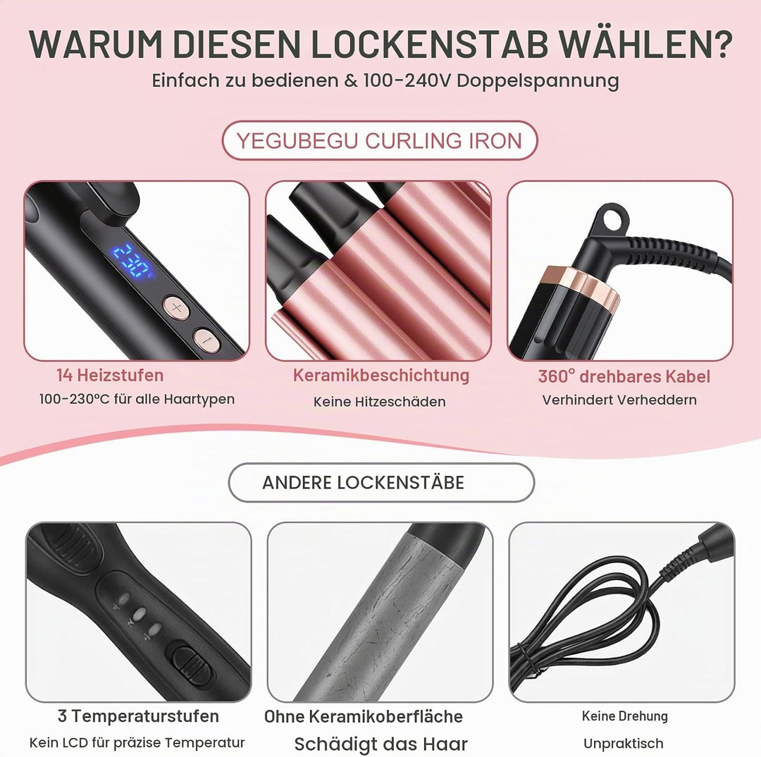 3 Fässer Welleneisen 25mm, 14 Stufen (100-230°C), Quarz-Keramik | Beach Waves Lockenstab Grosse Well