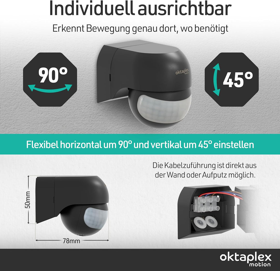 Oktaplex 2er Set Ana Bewegungsmelder Aussen schwenkbar 230 V IP44 180° Bewegungssensor 12 m Reichwei