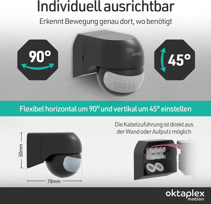 Oktaplex 2er Set Ana Bewegungsmelder Aussen schwenkbar 230 V IP44 180° Bewegungssensor 12 m Reichwei