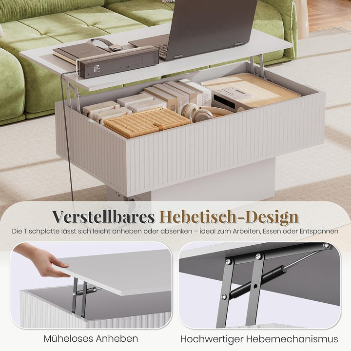 38,2" Lift-Top-Couchtisch mit Stauraum und LED-Beleuchtung, Moderner geriffelter Massivholz-Couchtis