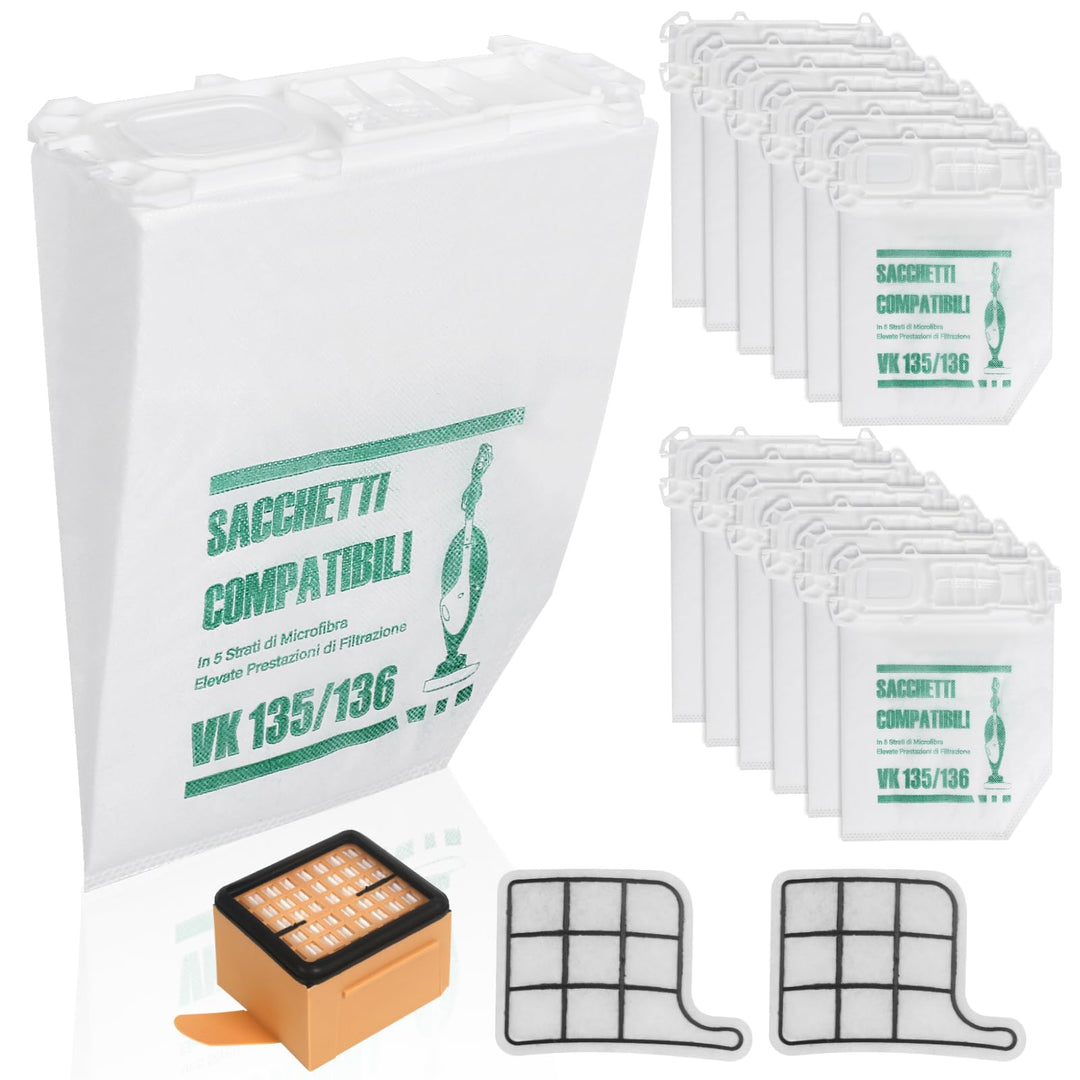 12 Staubsaugerbeutel für Vorwerk Kobold VK135 VK136 Mit 2 Motorschutzfilter +1 Hygienefilter, Premiu