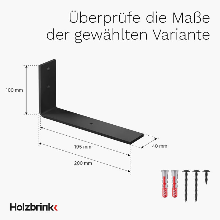 HOLZBRINK Regalträger Metall Regalhalter für Wandregal, Regalwinkel schwarz 200x100x40 mm, 6 Stück,