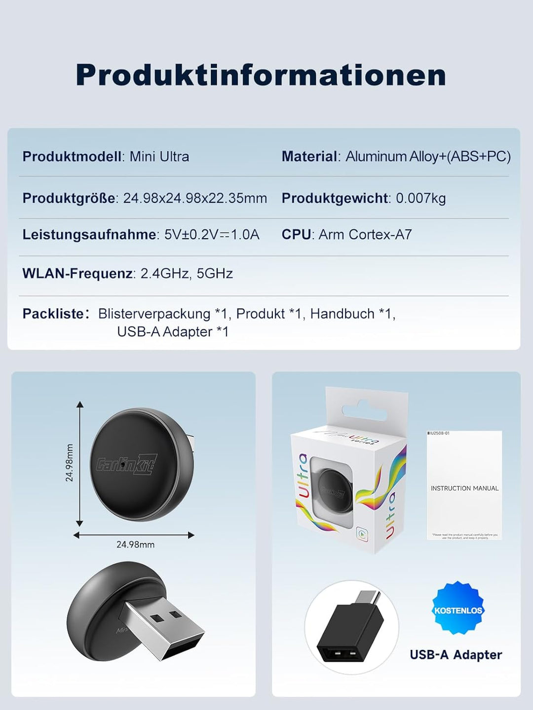 Carlinkit Mini Ultra Wireless CarPlay &amp; Android Auto Adapter, Konvertieren Sie werkseitig kabelgebun