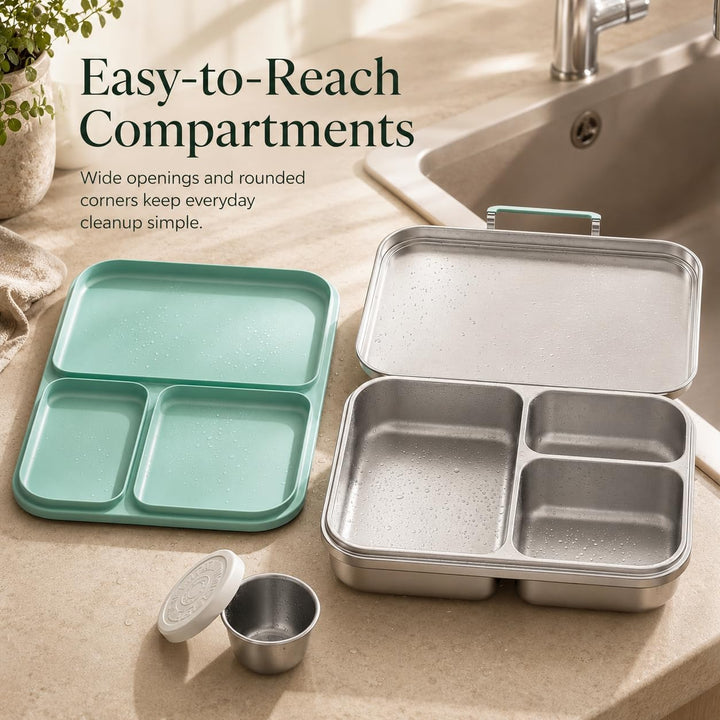 G.a HOMEFAVOR Edelstahl Brotdose Kinder 1100ml Bento Lunchbox mit 3 Fächern Grün 1100ml, 3 Fächer, G