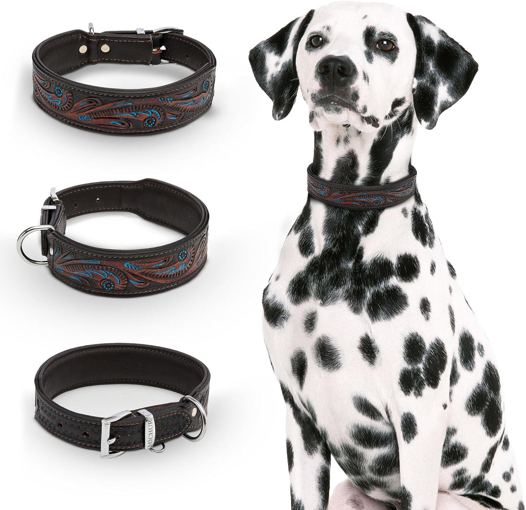 MICHUR Luis Hundehalsband Leder, Lederhalsband Hund, Halsband, Braun mit blauen Akzenten und schönem